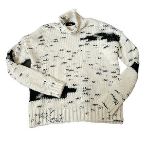 LINE the Label Chunky Abstract Distressed Knit Black + Cream Funnel Neck Sweater